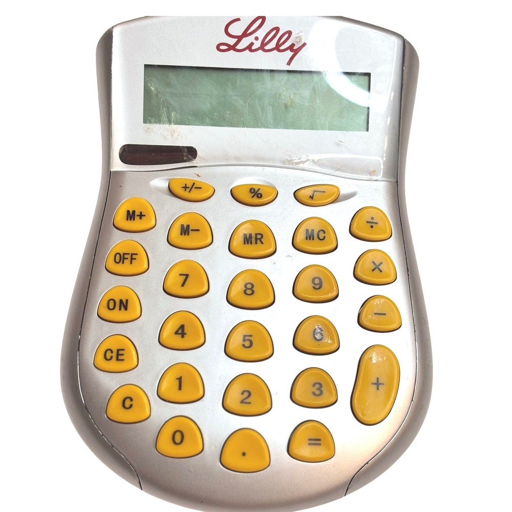 Lilly Calculator Guitar Shaped‎ Pink Script Buttons Yellow Pharmaceutical Ad